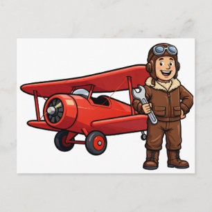 Vintage Pilot with Red Biplane Cartoon Art Postcard