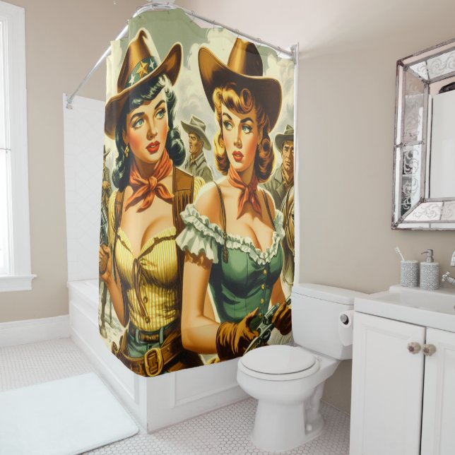 Vintage Pin-up Cowgirls Shower Curtain (In Situ)