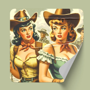 Vintage Pin-up Cowgirls Square Sticker