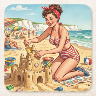 Vintage Pin Up Girl Making Sandcastle Square Paper Coaster