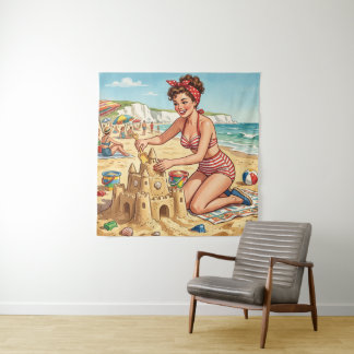 Vintage Pin Up Girl Making Sandcastle Tapestry