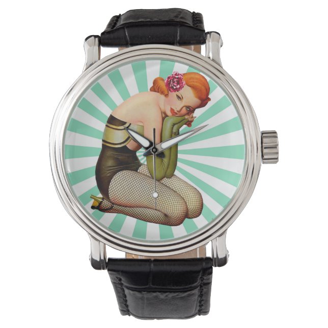 Vintage Pin-up girl with rose  Watch (Front)