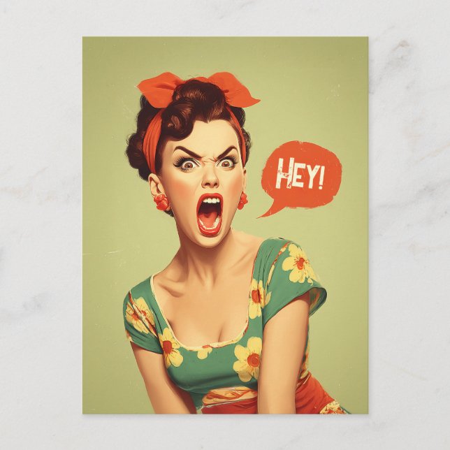 Vintage Pin-Up Power Shout Postcard (Front)