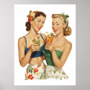 Vintage Pin-Up Summer Cocktail Friends Poster
