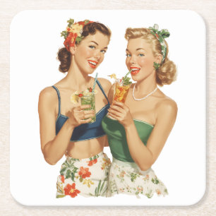 Vintage Pin-Up Summer Cocktail Friends Square Paper Coaster