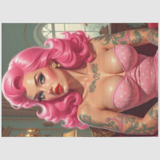 Vintage Pin-Up with Pink Hair & Tattoos Decoupage Tissue Paper
