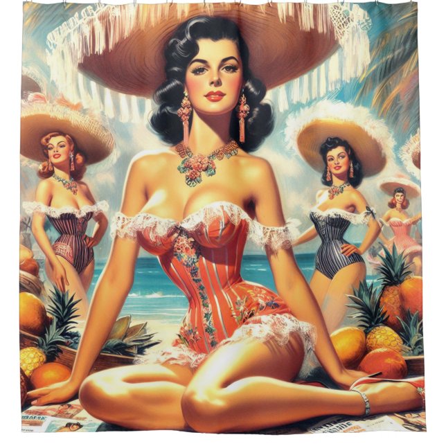 Vintage Pin-ups Painting Shower Curtain (Front)