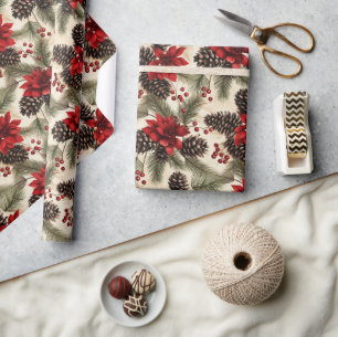 Vintage Pine cones and branches with poinsettia Wrapping Paper