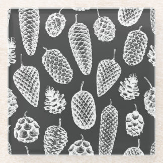Vintage pine cones, botanical chalkboard. glass coaster