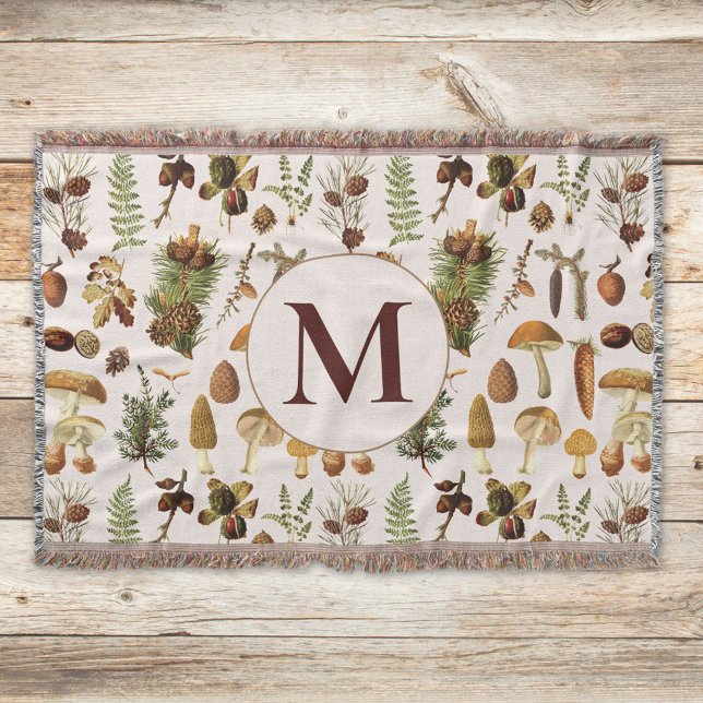 Vintage Pine Forest Treasures Pattern Throw Blanket (Close up on wood)