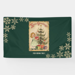 Vintage Pine Tree Little Girls Presents Snowflakes Banner