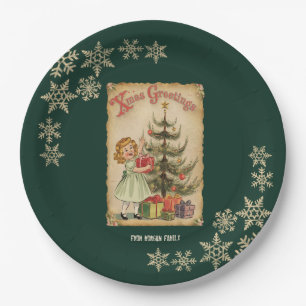 Vintage Pine Tree Little Girls Presents Snowflakes Paper Plate