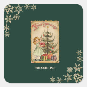 Vintage Pine Tree Little Girls Presents Snowflakes Square Sticker