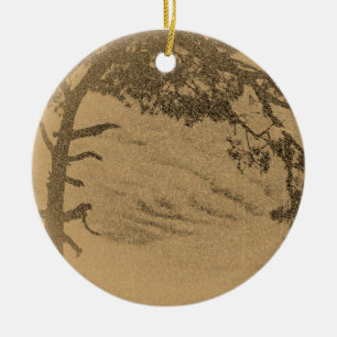 Vintage Pine tree silhouette, sunrise Ceramic Tree Decoration