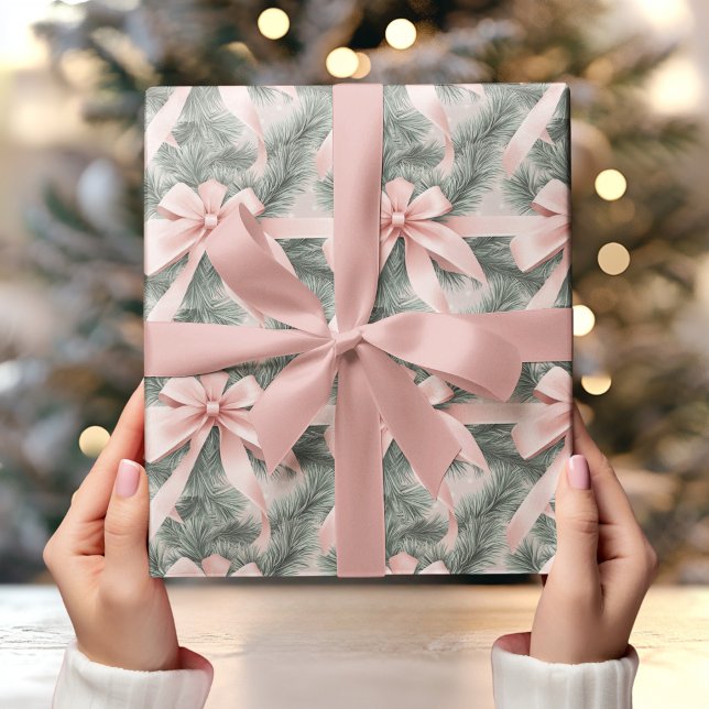 Vintage Pine Tree with Pastel Pink Bow Elegant  Wrapping Paper (Creator Uploaded)