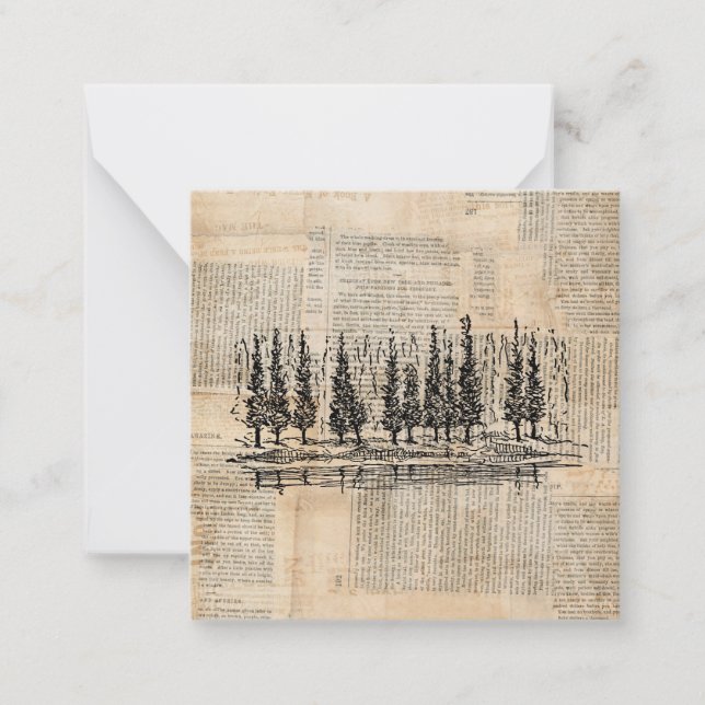 Vintage Pine Trees Nature Scene Newsprint Art Card (Front)