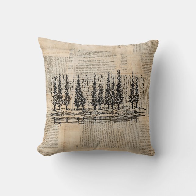 Vintage Pine Trees Nature Scene Newsprint Art Cushion (Front)