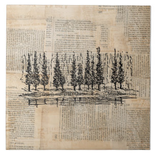 Vintage Pine Trees Nature Scene Newsprint Art Tile