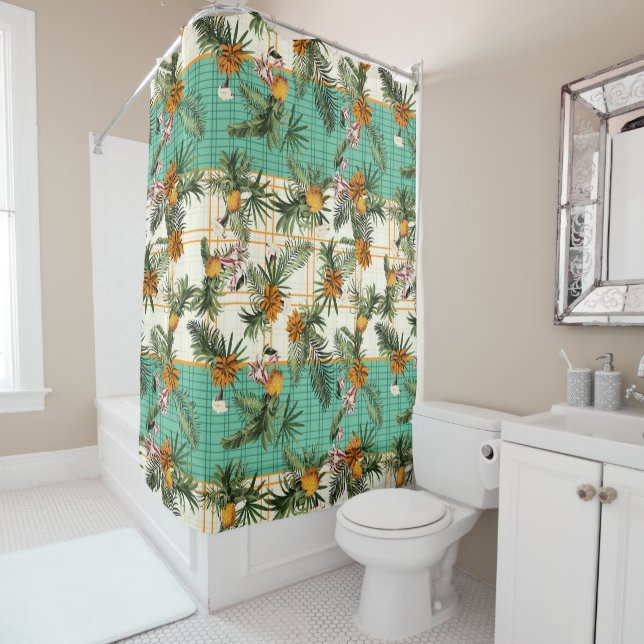 Vintage Pineapple and Floral Chequered  Shower Curtain (In Situ)