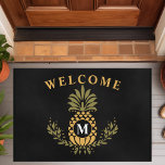 Vintage Pineapple Monogrammed Personalised Doormat<br><div class="desc">Vintage Pineapple Monogrammed Personalised Doormat. This elegant design features a beautiful vintage style pineapple in muted tones on a black background. Personalise this custom design with your own welcome greeting and family monogram initial.</div>