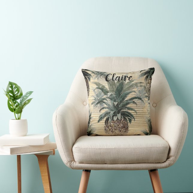 Vintage Pineapple on Gold Foil Striped Cushion (Chair)
