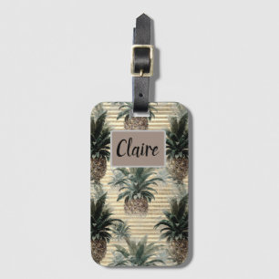 Vintage Pineapple on Gold Foil Striped  Luggage Tag