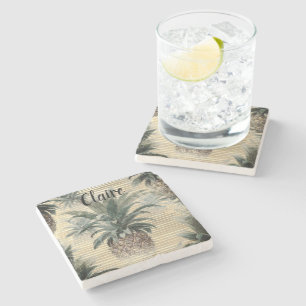 Vintage Pineapple on Gold Foil Striped  Stone Coaster