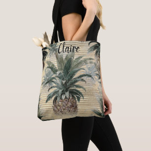 Vintage Pineapple on Gold Foil Striped Tote Bag