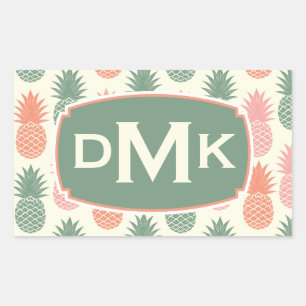 Vintage Pineapple Pattern Monogram Rectangular Sticker