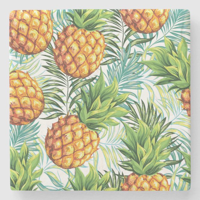 Vintage Pineapple: Seamless Floral Pattern. Stone Coaster (Front)