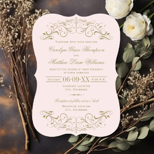 Vintage Pink and Antique Gold Flourish Wedding Invitation
