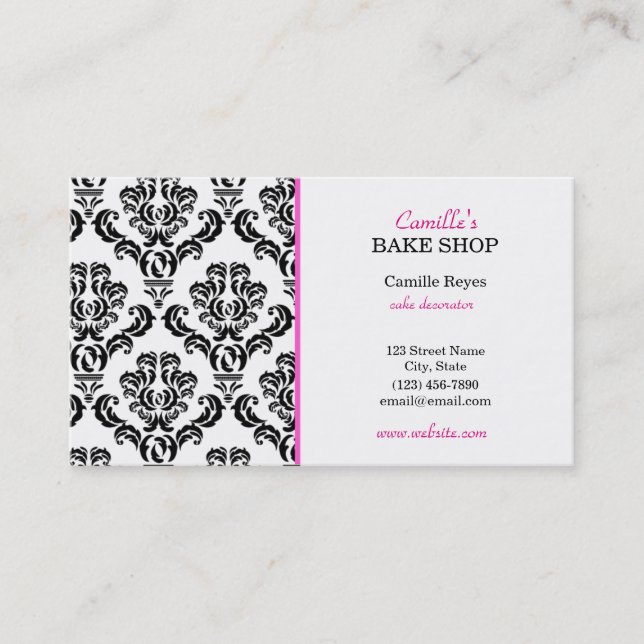 Vintage Pink and Black Damask Bakery Business Card (Front)