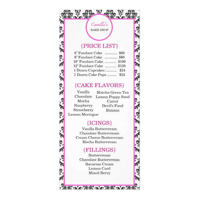 Vintage Pink and Black Damask Bakery Rack Card (Front)