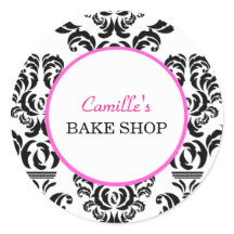 Vintage Pink and Black Damask Bakery Sticker Label