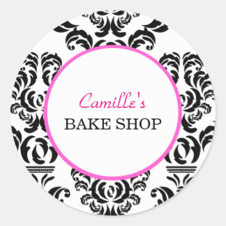 Vintage Pink and Black Damask Bakery Sticker Label