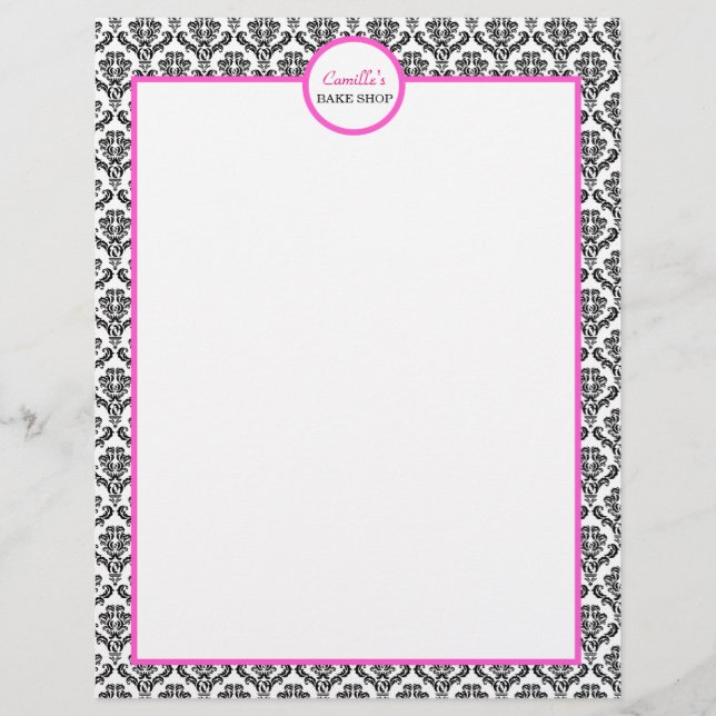 Vintage Pink and Black Damask Letterhead (Front)