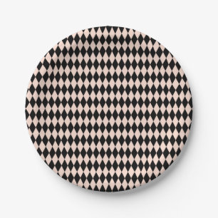 Vintage Pink and Black Harlequin Pattern Paper Plate