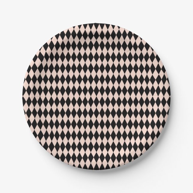 Vintage Pink and Black Harlequin Pattern  Paper Plate (Front)
