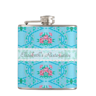 Vintage Pink and Blue Wallpaper With Name Hip Flask
