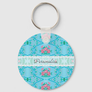 Vintage Pink and Blue Wallpaper With Name Key Ring