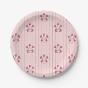 Vintage Pink and Burgundy Flower Stripes Paper Plate