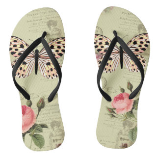 vintage, pink and butterfly flip-flops on postcard flip flops
