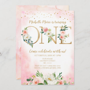 Vintage Pink and Gold Floral First Birthday Invitation