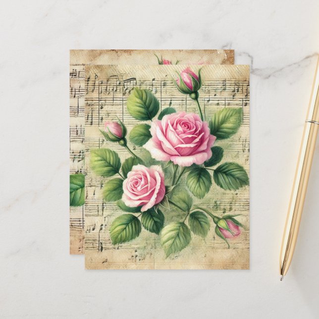 Vintage Pink and Green Roses Sheet Music Scrapbook (Front/Back In Situ)