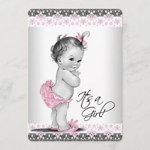 Vintage Pink and Grey Baby Girl Shower Invitation