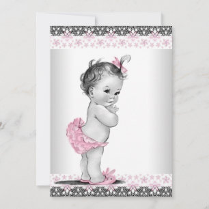 Vintage Pink and Grey Baby Girl Shower Invitation