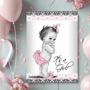 Vintage Pink and Grey Baby Girl Shower Invitation