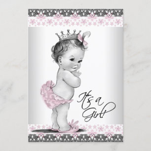 Vintage Pink and Grey Baby Girl Shower Invitation