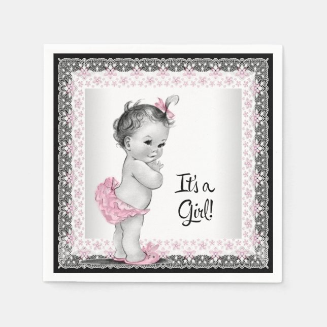 Vintage Pink and Grey Baby Shower Napkin (Front)