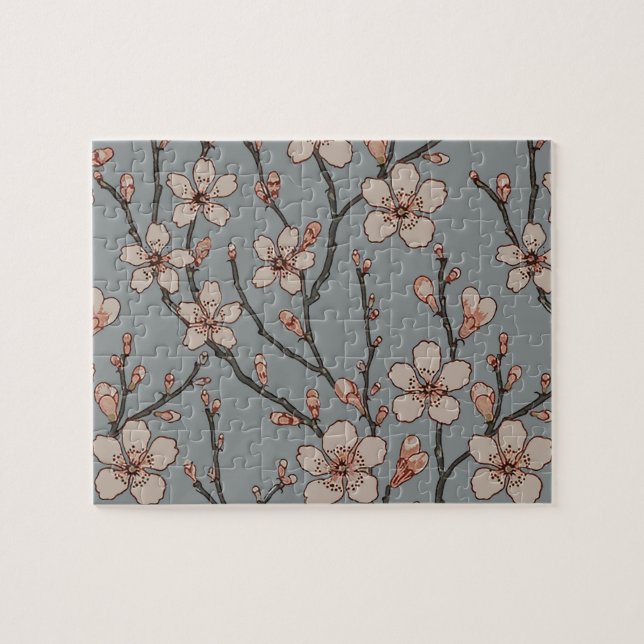 Vintage Pink and Grey Blossom Pattern Jigsaw Puzzle (Horizontal)